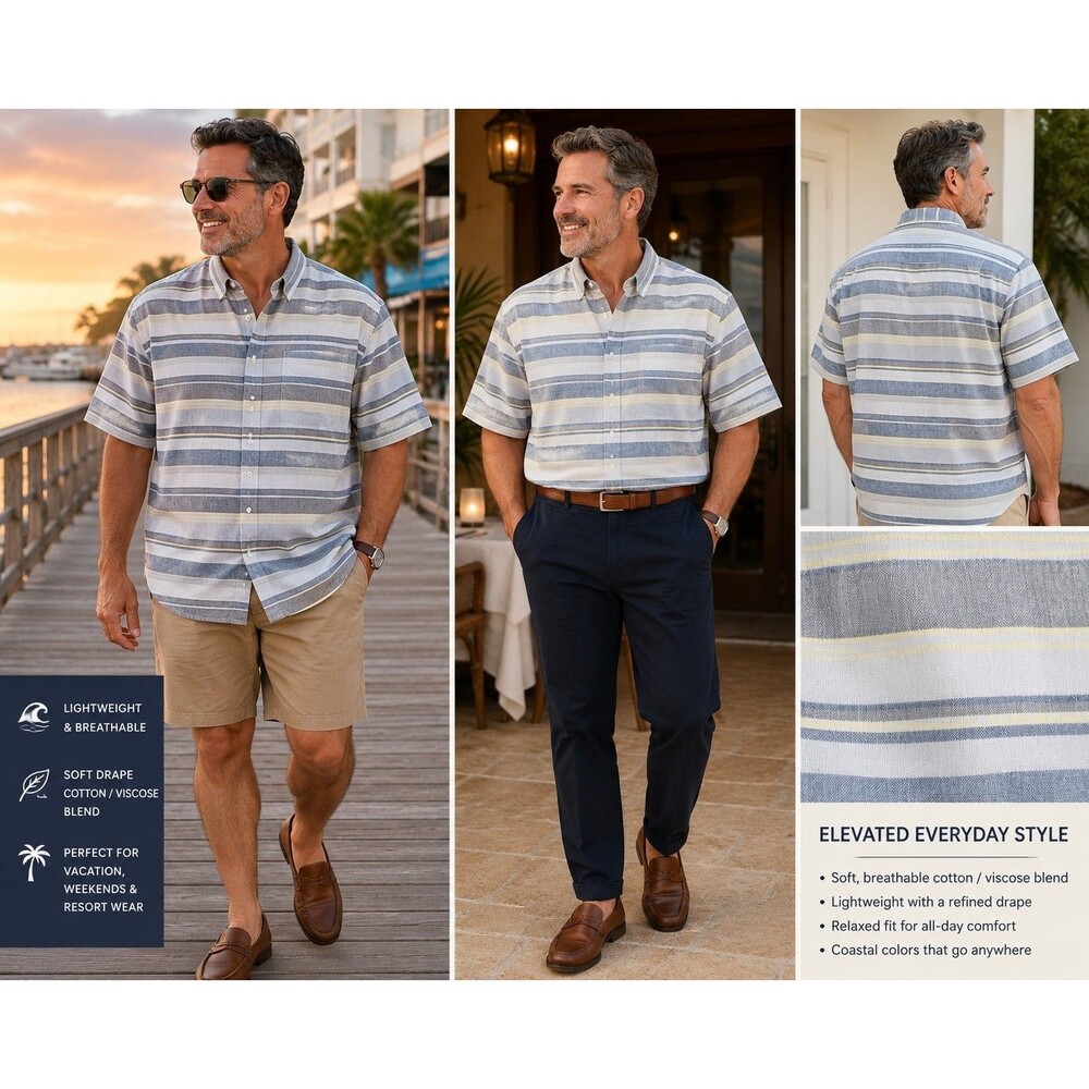 Synrgy Men 2XL Button down short sleeves Striped Shirt Cotton Blend Casual Chic